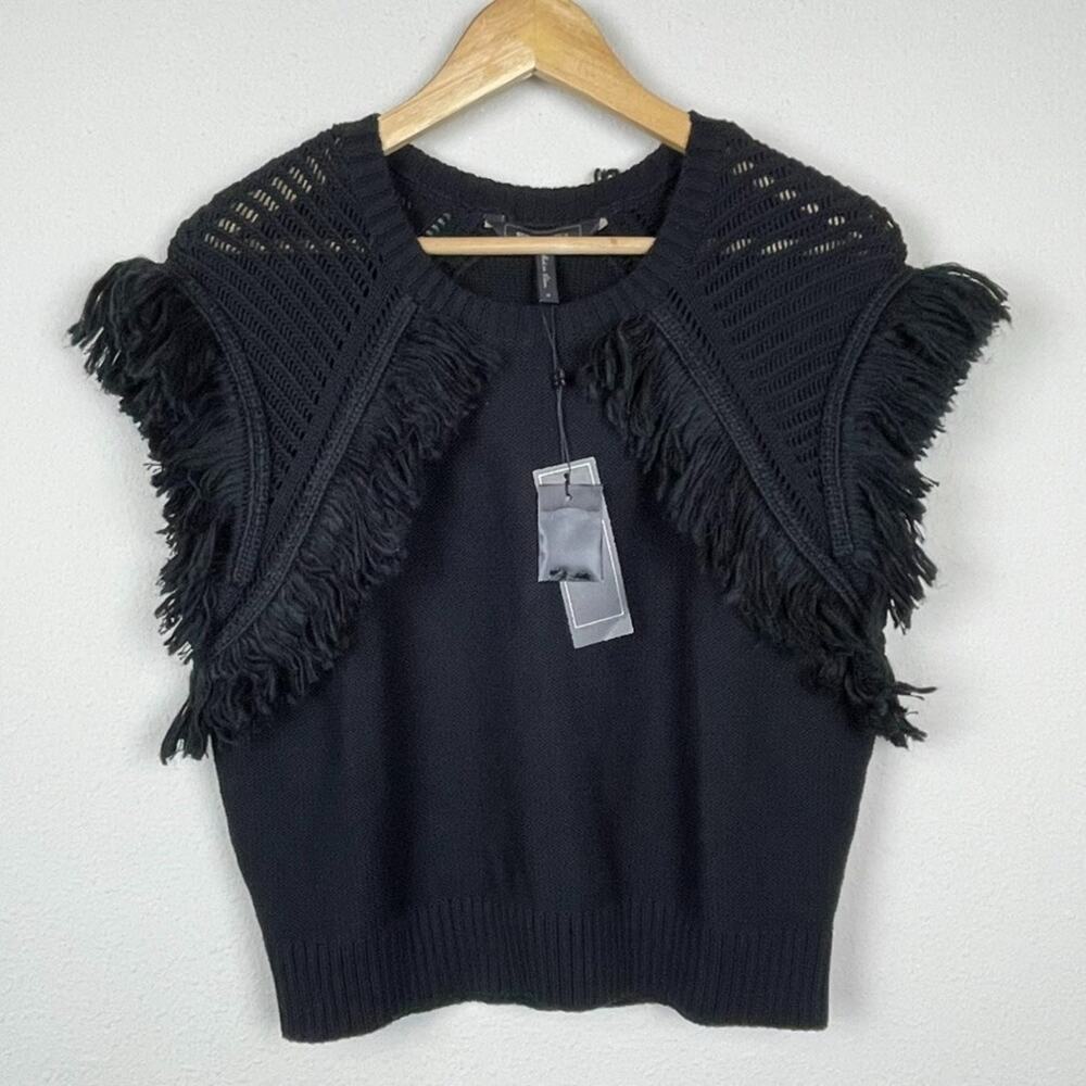 BCBGMAXAZRIA Black Cropped Fringe Sweater Size S NWT Whimsy Goth Festival Witchy
